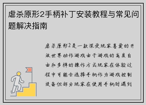 虐杀原形2手柄补丁安装教程与常见问题解决指南