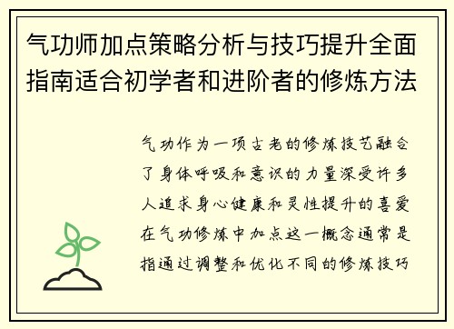 气功师加点策略分析与技巧提升全面指南适合初学者和进阶者的修炼方法